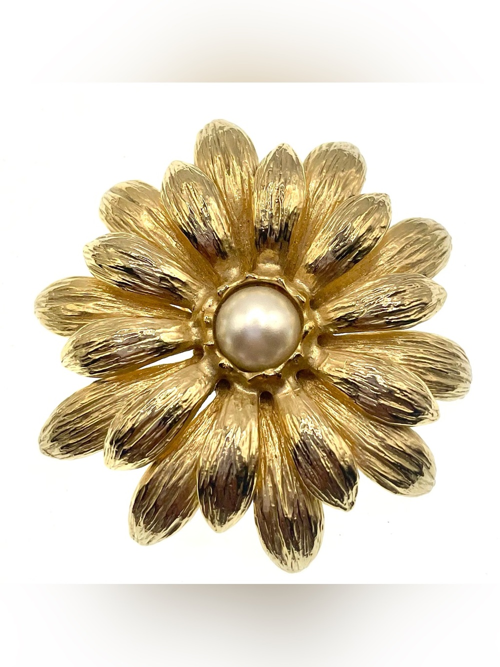 Vintage Mid Century Gold Tone Textured Floral Brooch Faux Pearl 2” MCM